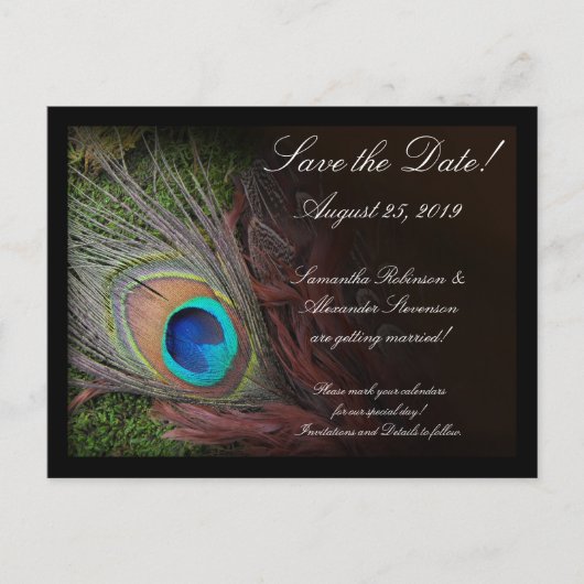 Rich Peacock Feather Green Moss Save the Date Kaar Aankondigingskaart (Voorkant)