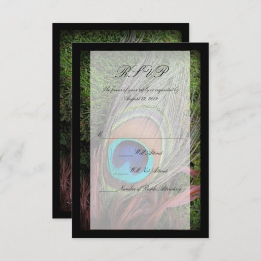 Rich Peacock Feather met Green Moss RSVP Kaartje (Voorkant / Achterkant)