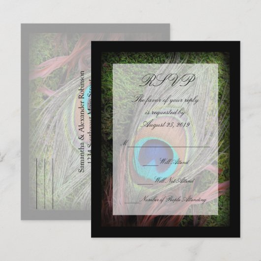 Rich Peacock Feather met Groen Mos RSVP Antwoord Uitnodiging Briefkaart (Voorkant / Achterkant)