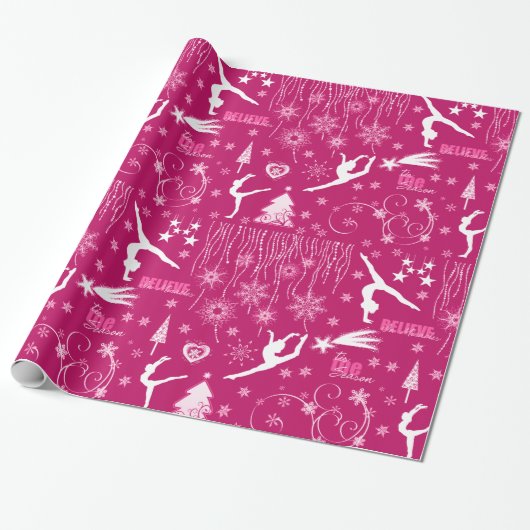 Rich Pink and White Festive Gymnastics Kerstmis Cadeaupapier (Uitgerold)