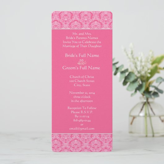 Rich Pink Damask Swirls Weddenschap Kaart (Staand voorkant)