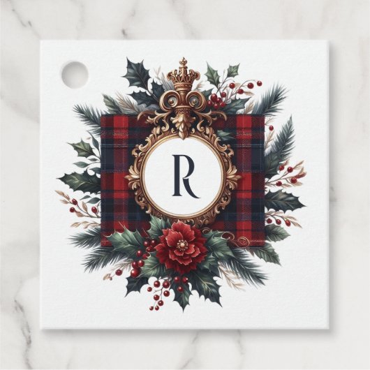  Rich Plaid Crest Monogram Vakantie Bedankjes Labels (Voorkant)
