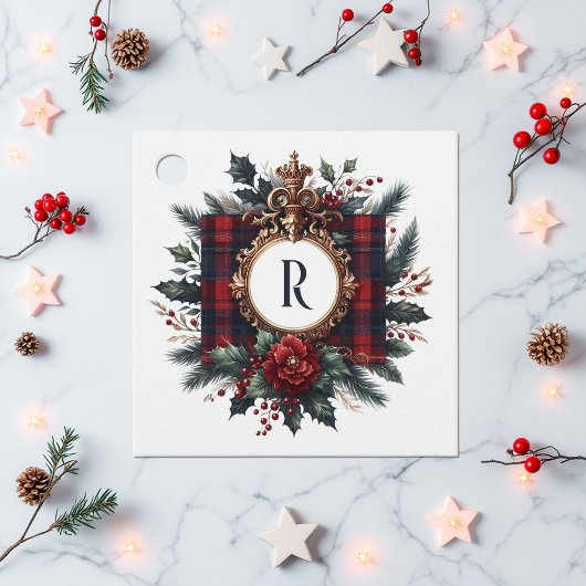  Rich Plaid Crest Monogram Vakantie Bedankjes Labels