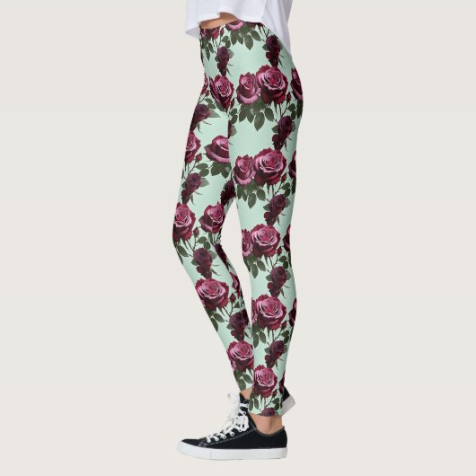 Rich Purple And Deep Red Roses On A Mint Green Leggings (Links)