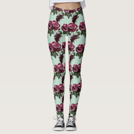 Rich Purple And Deep Red Roses On A Mint Green Leggings