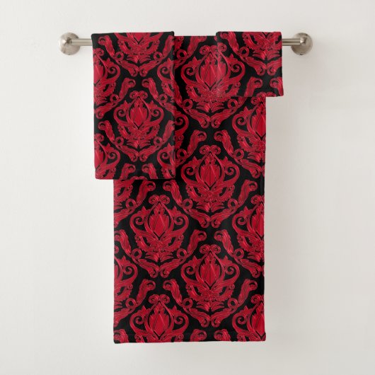 Rich Red and Black Damask Print Towel Set Bad Handdoek (Insitu)