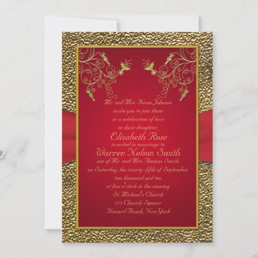 Rich Red and Gold Monogram Wedding Invitation Kaart (Achterkant)
