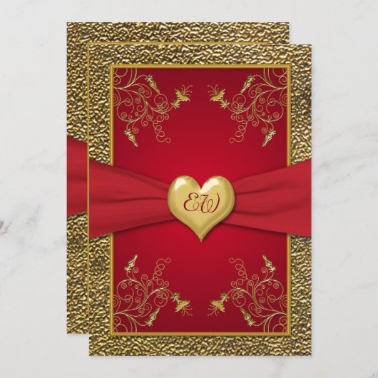Rich Red and Gold Monogram Wedding Invitation Kaart (Voorkant / Achterkant)