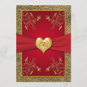 Rich Red and Gold Monogram Wedding Invitation Kaart