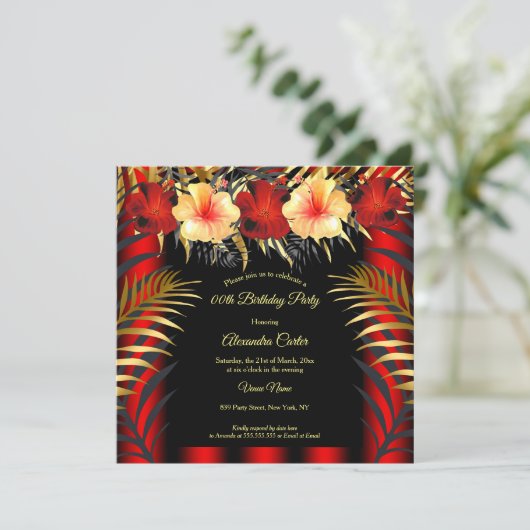 Rich Red Black Gold yellow Hibiscus Floral Party Kaart (Staand voorkant)