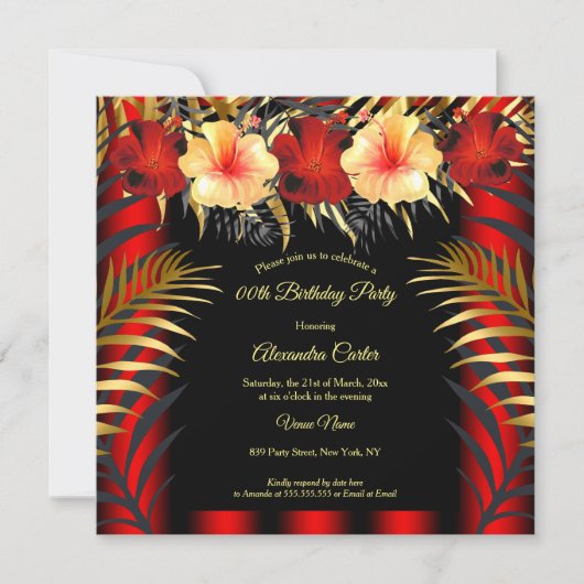 Rich Red Black Gold yellow Hibiscus Floral Party Kaart (Voorkant)