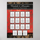 Rich Red Damask Wedding 15 Table Seating Chart Poster (Voorkant)