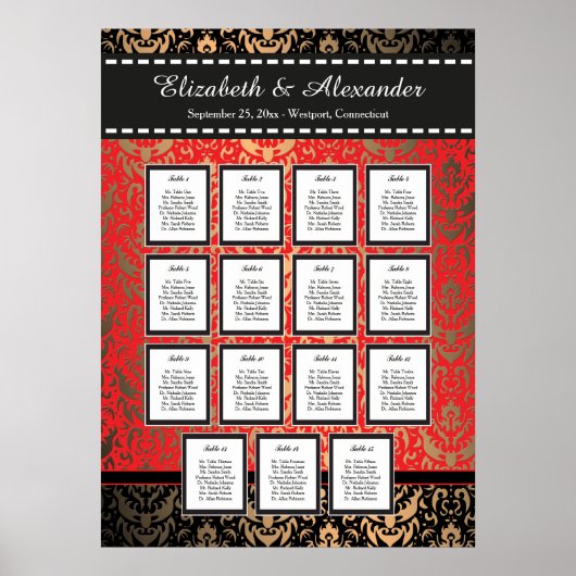 Rich Red Damask Wedding 15 Table Seating Chart Poster (Voorkant)