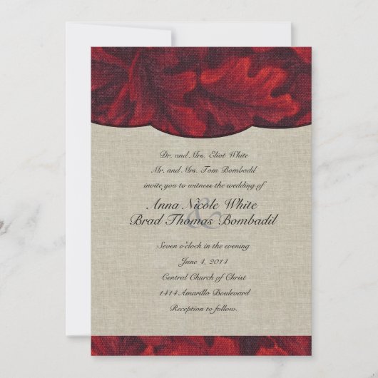 Rich Red Fabric Leaves & Linen Wedding Invitation Kaart (Voorkant)