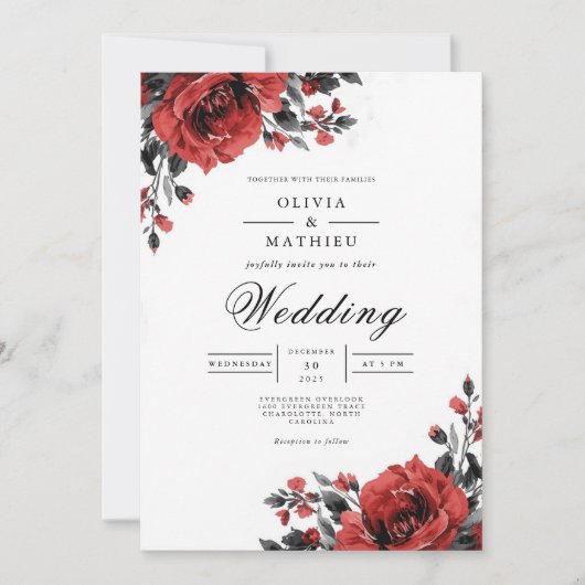 Rich Red Floral Romantische bruiloft Kaart (Voorkant)