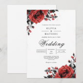 Rich Red Floral Romantische bruiloft Kaart (Voorkant / Achterkant)