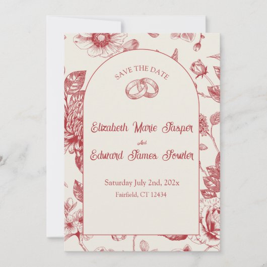 Rich Red French Floral Toile Floral Save the Date Kaart (Voorkant)