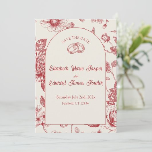 Rich Red French Floral Toile Floral Save the Date Kaart (Staand voorkant)