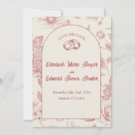 Rich Red French Floral Toile Floral Save the Date Kaart