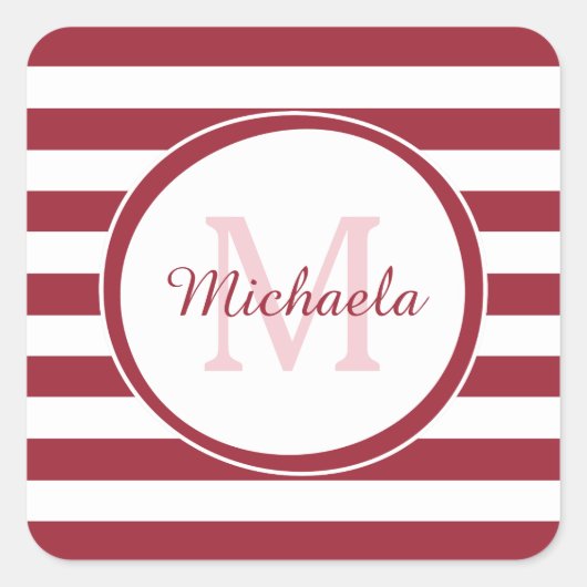 Rich Red Monogram met hedendaagse brede strepen Vierkante Sticker (Voorkant)