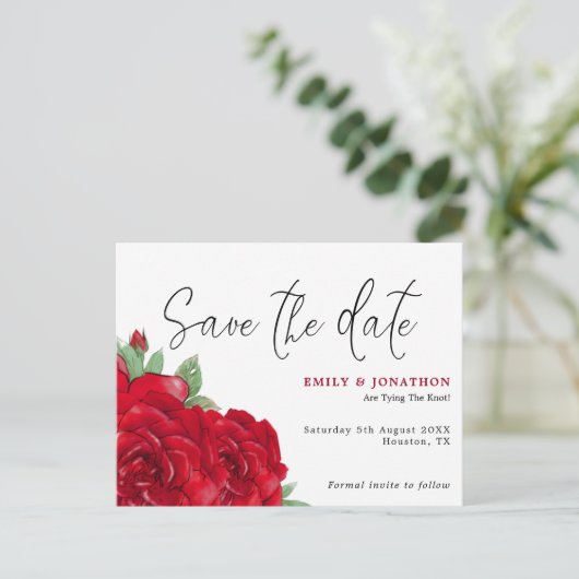 Rich Red Roses Bruiloft Save The Date Briefkaart (Staand voorkant)
