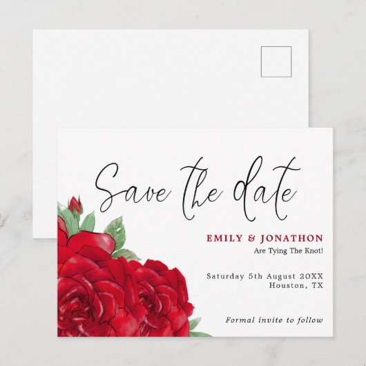 Rich Red Roses Bruiloft Save The Date Briefkaart (Voorkant / Achterkant)