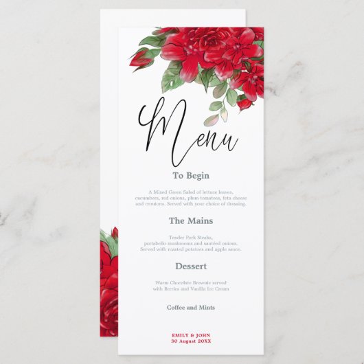 Rich Red Roses Stijlvol Script bruiloft Menu (Voorkant / Achterkant)