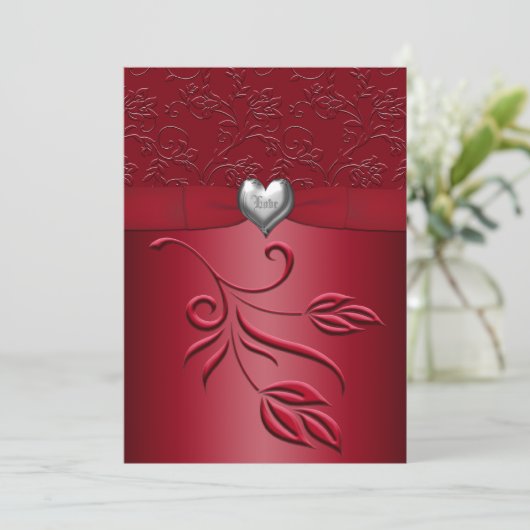 Rich Red Silver Heart Floral Wedding Kaart (Staand voorkant)