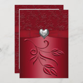 Rich Red Silver Heart Floral Wedding Kaart (Voorkant / Achterkant)