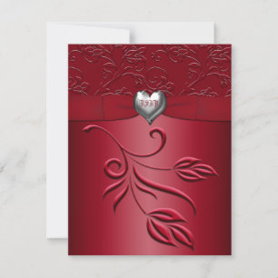 Rich Red Silver Heart Reply Card RSVP Kaartje