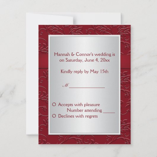 Rich Red Silver Heart Reply Card RSVP Kaartje (Achterkant)