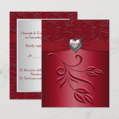 Rich Red Silver Heart Reply Card RSVP Kaartje (Voorkant / Achterkant)