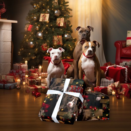 Rich Red Twinkle Lights Pitbull Christmas Pups Cadeaupapier