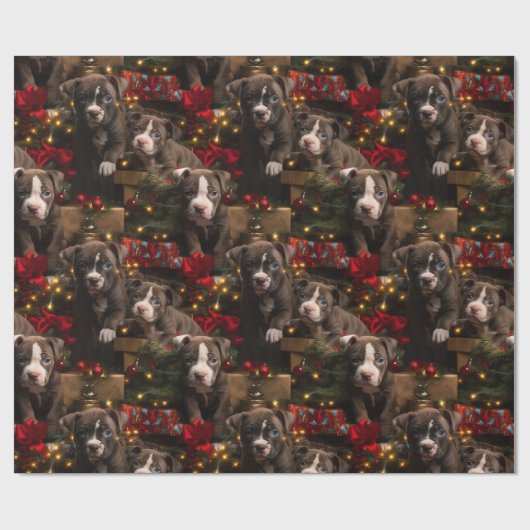 Rich Red Twinkle Lights Pitbull Christmas Pups Cadeaupapier (Vlak)
