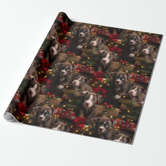 Rich Red Twinkle Lights Pitbull Christmas Pups Cadeaupapier (Uitgerold)