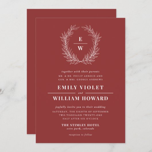 Rich Red Wreath Monogram Weddenschap Kaart (Voorkant / Achterkant)