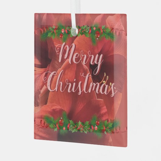 Rich Ruby Red Amaryllis "Vrolijk kerstfeest" Glas Ornament (Voorkant links)