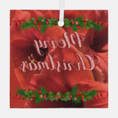Rich Ruby Red Amaryllis "Vrolijk kerstfeest" Glas Ornament (Achterkant)