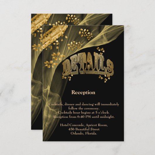 Rich Zwart Goud Glitter & Gouden Veil Bruiloft Informatiekaartje (Voorkant / Achterkant)