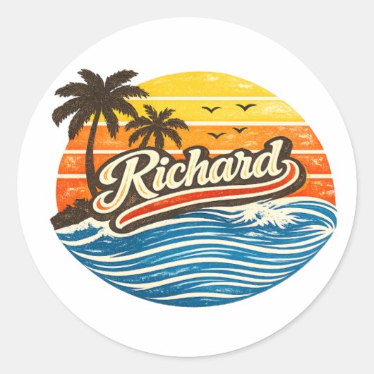 Richard Retro Zonsondergang Naam Ontwerp Ronde Sticker (Voorkant)
