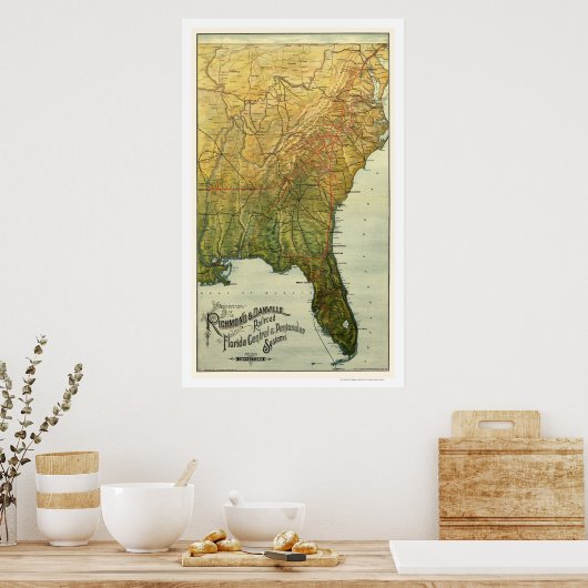 Richmond & Danville Railroad Map 1893 Poster (Keuken)