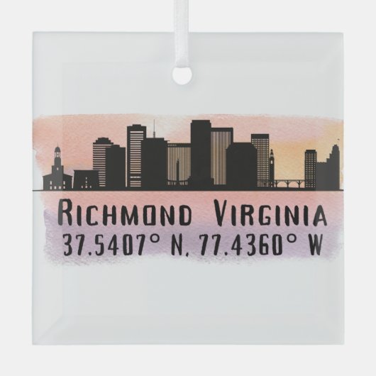 Richmond VA City Skyline Latitude en Longitude Glas Ornament (Voorkant)