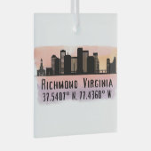 Richmond VA City Skyline Latitude en Longitude Glas Ornament (Voorkant Rechts)