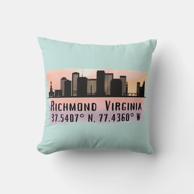 Richmond VA City Skyline Latitude en Longitude Kussen (Voorkant)