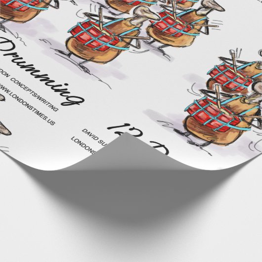 Rick London "12 Drumsticks Drumming" Kerstmis Cadeaupapier (Hoek)