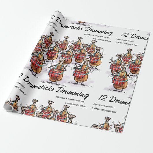Rick London "12 Drumsticks Drumming" Kerstmis Cadeaupapier (Uitgerold)