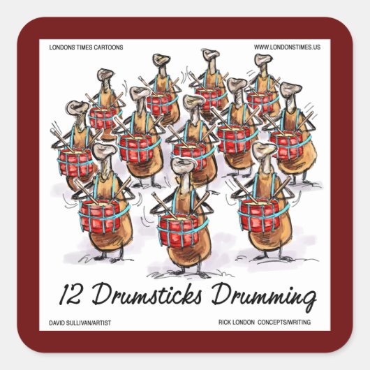 Rick London "12 Drumsticks Drumming" Kerstmis Vierkante Sticker (Voorkant)