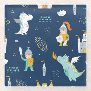 Ridder Dragon Castle Childish Patroon Glazen Onderzetter