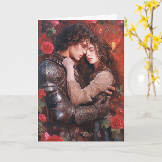 Ridder en Meisje in Romantische Omhelzing Kaart (Gele Bloem)