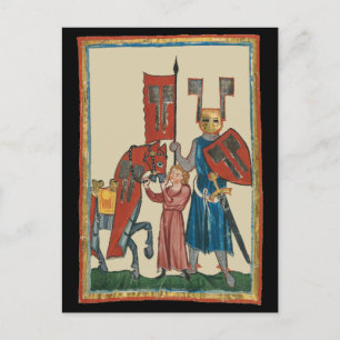 Ridder en schildknaap, 14e-eeuwse middeleeuwse kun briefkaart